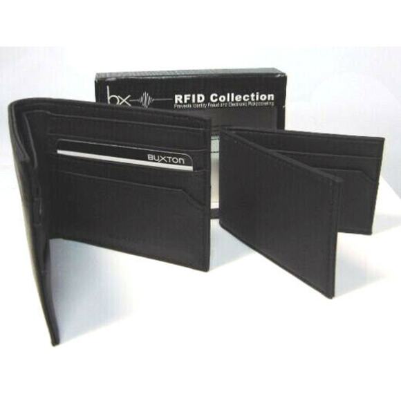 NEW Mens RFID Block BIFOLD WALLET +Removable PASSCASE Buxton Black Faux Leather - Picture 9 of 11